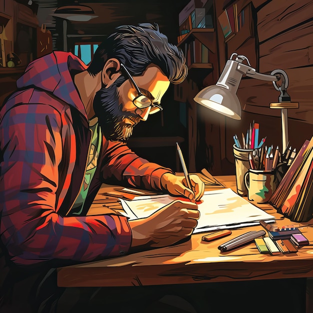 Photo drawing illustration of man with pencil sketching and painting on a wooden table colorful cartoon