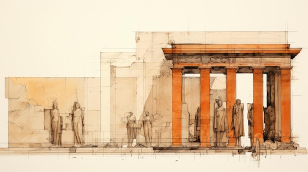 Drawing Of International Style Architecture With Caryatides Of Acropolis And Rothko