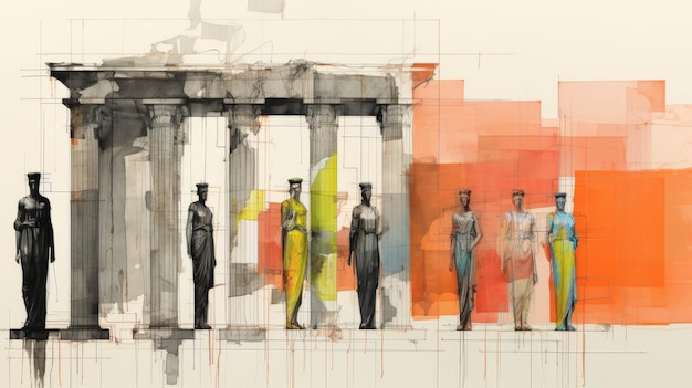 Drawing Of International Style Architecture With Caryatides Of Acropolis And Rothko