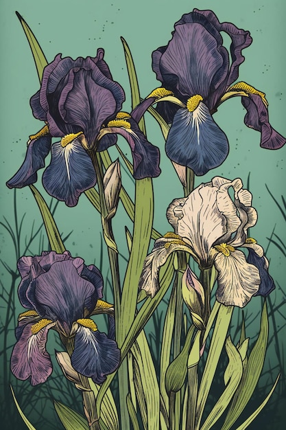 A drawing of irises with the words " iris " on the bottom.