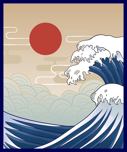 drawing of a japanese big wave