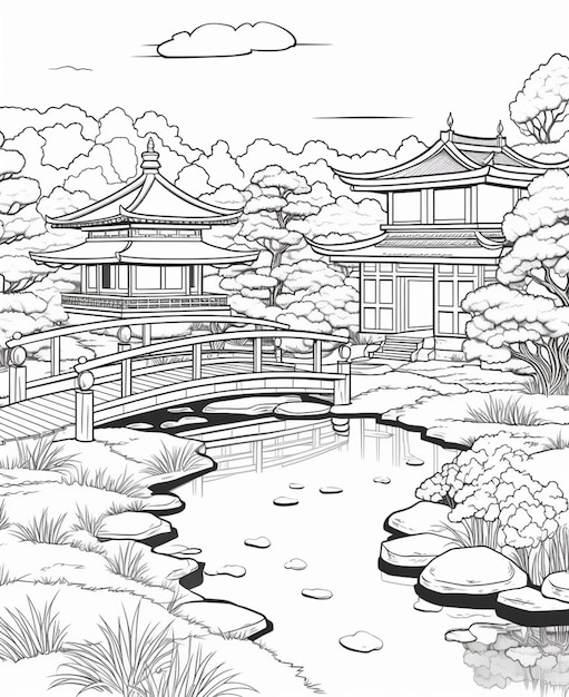 a drawing of a japanese garden with a bridge over a pond generative ai