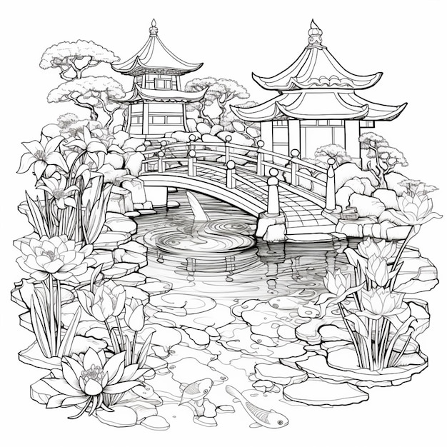 Photo a drawing of a japanese garden with a bridge and water lils generative ai