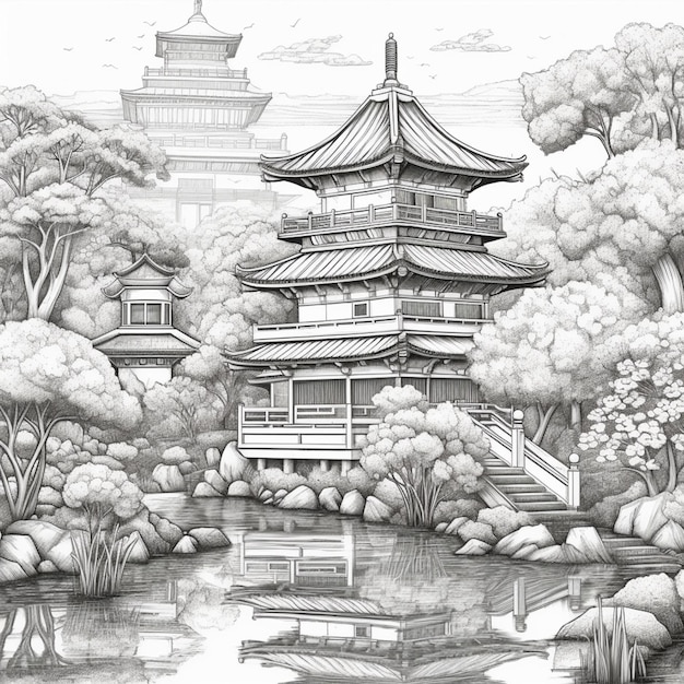 A drawing of a japanese pagoda in a park with trees and water generative ai