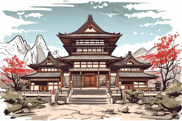 A drawing of a japanese temple with a mountain in the background generative ai