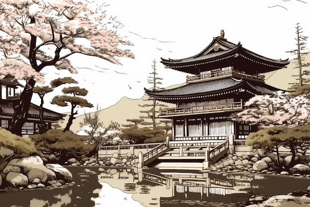 A drawing of a japanese temple with a pond in the foreground and a tree in the background.