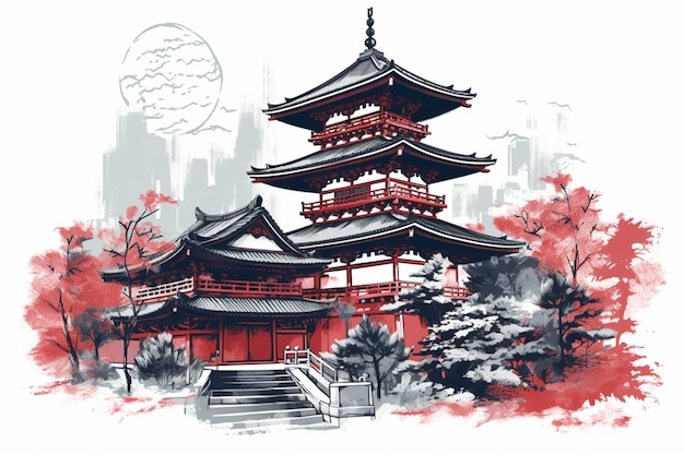 A drawing of a japanese temple