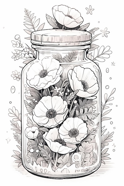 a drawing of a jar filled with flowers and leaves generative ai