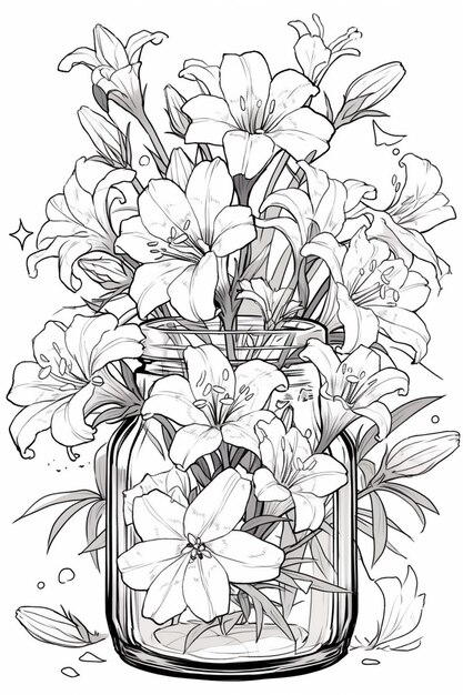 Foto un disegno di un vaso pieno di fiori su uno sfondo bianco generativo ai