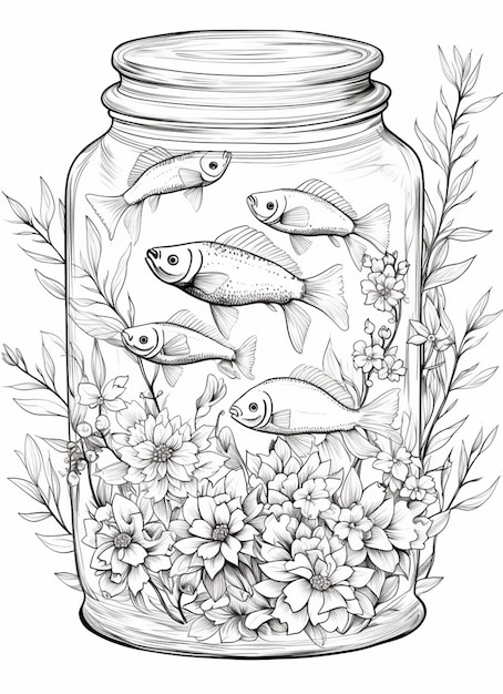 a drawing of a jar with fish inside of it generative ai