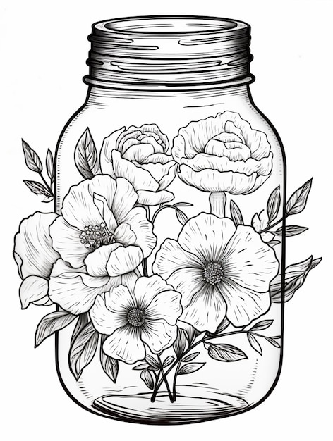 Photo a drawing of a jar with flowers inside generative ai