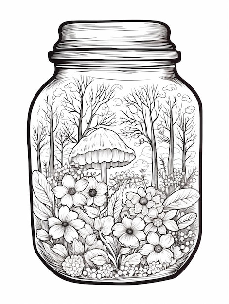 a drawing of a jar with flowers and a mushroom inside generative ai