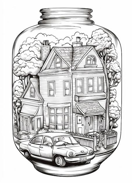 Photo a drawing of a jar with a house inside of it generative ai