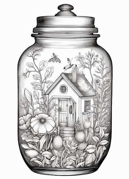 a drawing of a jar with a house inside of it generative ai