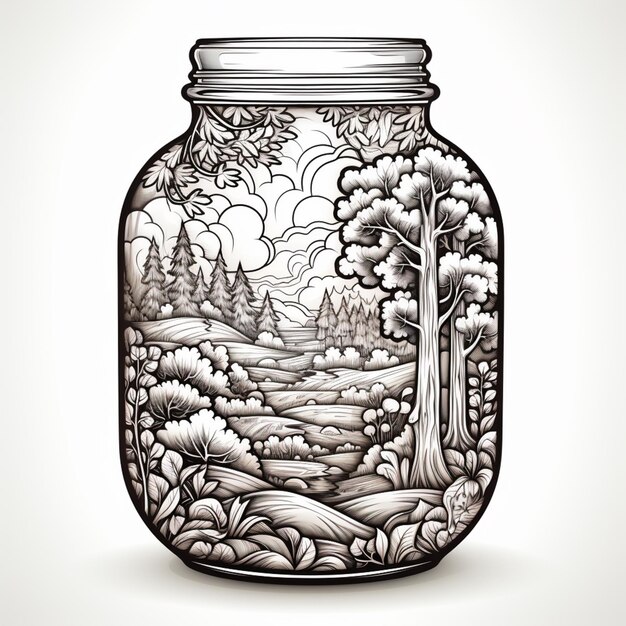 a drawing of a jar with a landscape inside generative ai