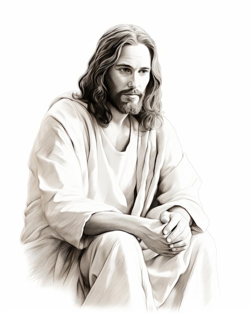 A drawing of jesus sitting on the ground