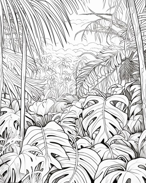 a drawing of a jungle scene with a bird flying over the trees generative ai