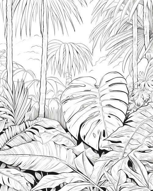 Photo a drawing of a jungle scene with palm trees and other plants generative ai