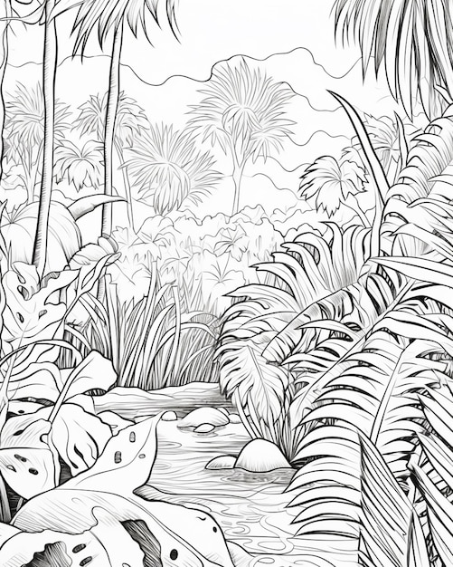 a drawing of a jungle scene with a river and trees generative ai