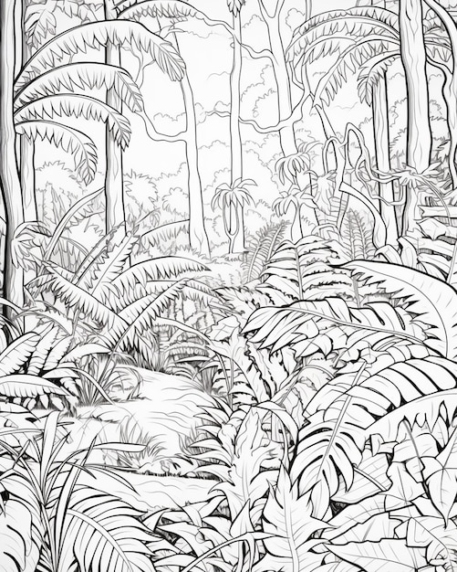 Photo a drawing of a jungle scene with a river and trees generative ai