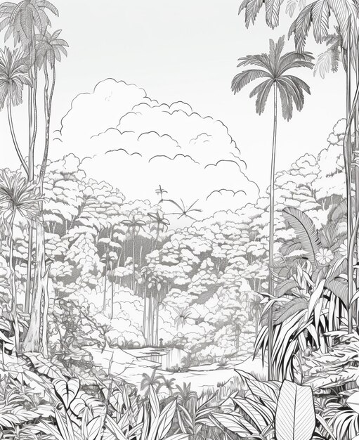 Photo a drawing of a jungle with palm trees and a fountain generative ai