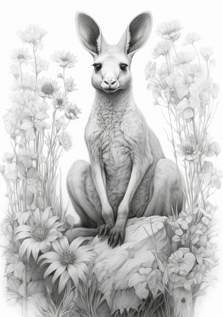 drawing of a kangaroo sitting on a rock with flowers in the background generative ai