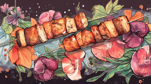 A drawing of a kebab skewers with a flower on the bottom.