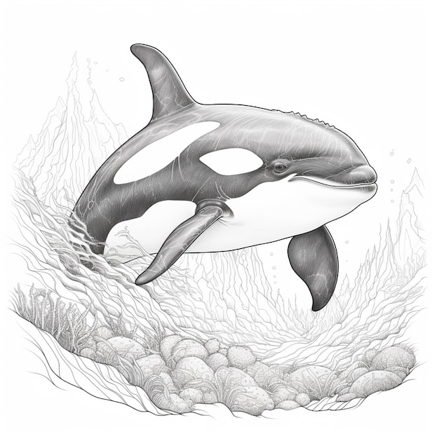 drawing of a killer whale in the ocean with a fish in the background generative ai