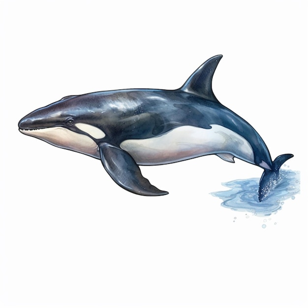 A drawing of a killer whale that is swimming in the water.