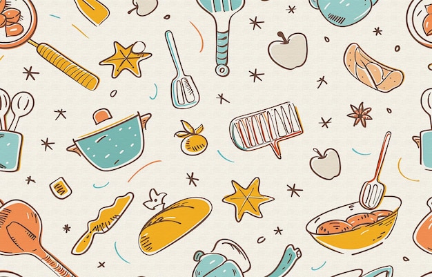 キッチン用具と食べ物の鉢の絵を描いたキッチン用器の絵