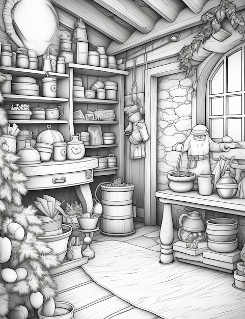 a drawing of a kitchen with a christmas tree and pots generative ai