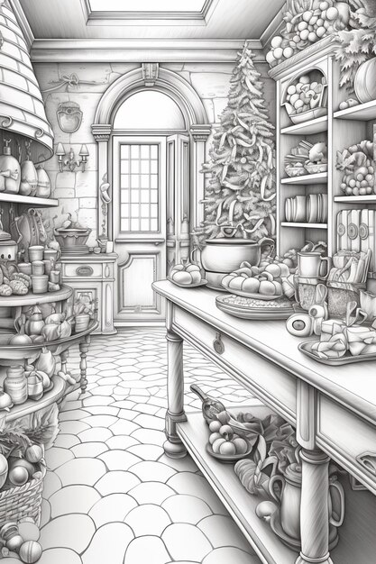 drawing of a kitchen with a lot of food on the counter generative ai