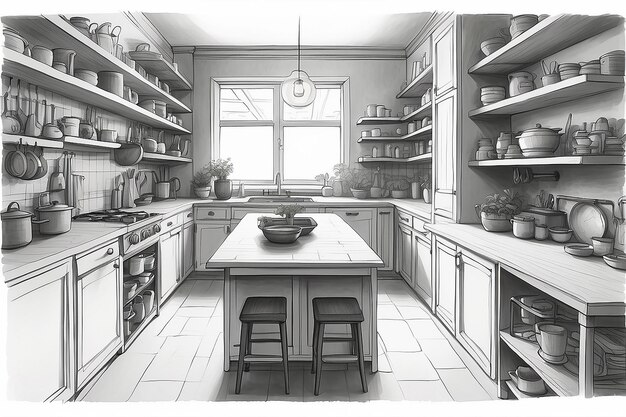 A drawing of a kitchen with a lot of shelves and a table generative ai