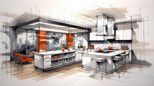 Drawing of Kitchen With Orange Accents