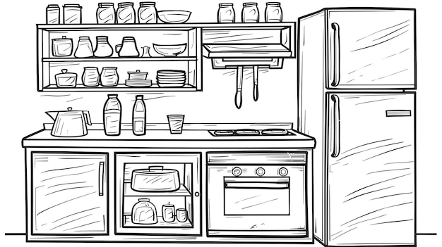Photo a drawing of a kitchen with a refrigerator and a refrigerator with a drawing of a kitchen