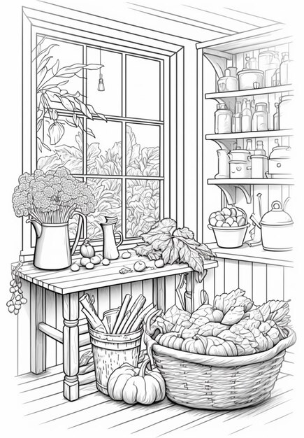 a drawing of a kitchen with a table and a basket of vegetables generative ai