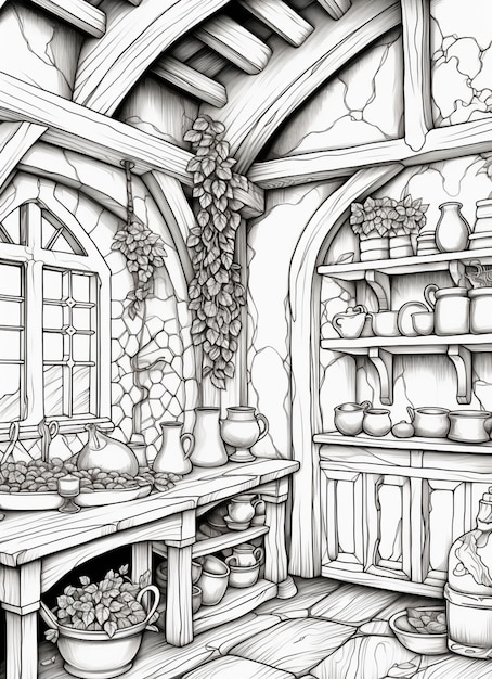 a drawing of a kitchen with a table and shelves filled with pots generative ai