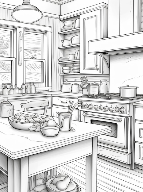 Foto un disegno di una cucina con un tavolo e una stufa generativa ai