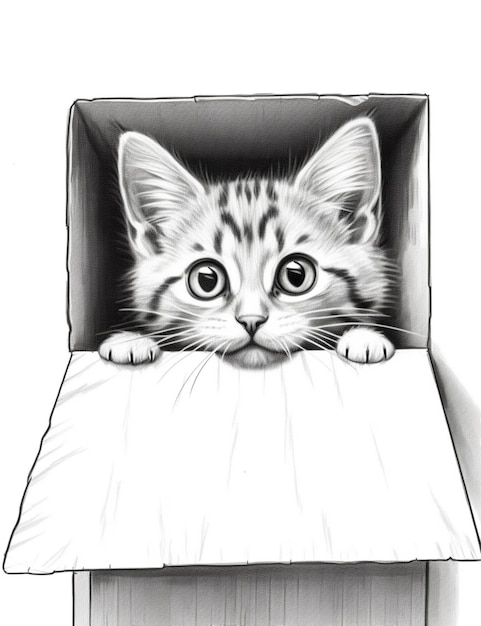 Drawing of a kitten in a box with a white background generative ai