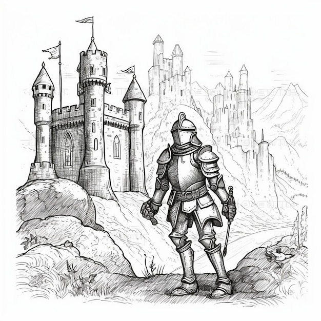 Photo a drawing of a knight in front of a castle with a castle in the background.