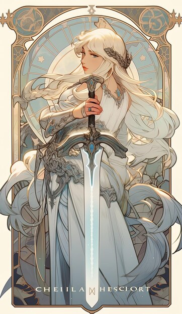 a drawing of a knight with a sword in her hand