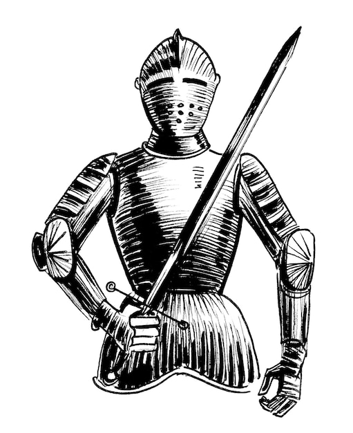 A drawing of a knight with a sword in his hand.