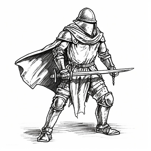 a drawing of a knight with a sword in his hand