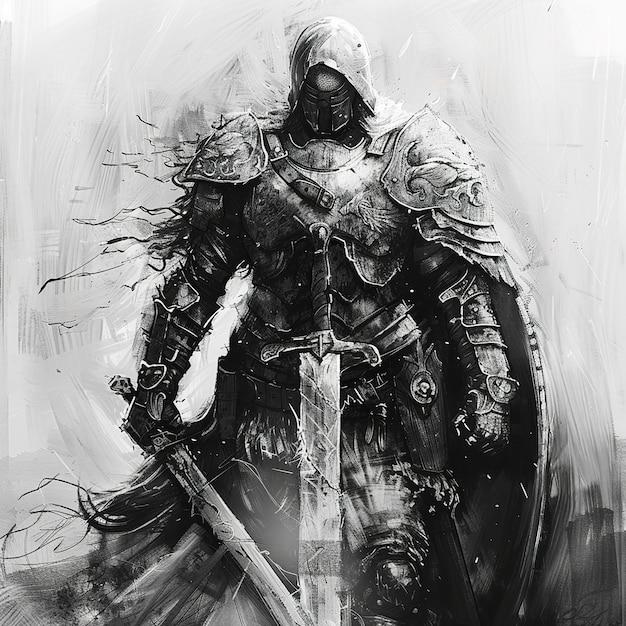 Photo a drawing of a knight with a sword and shield