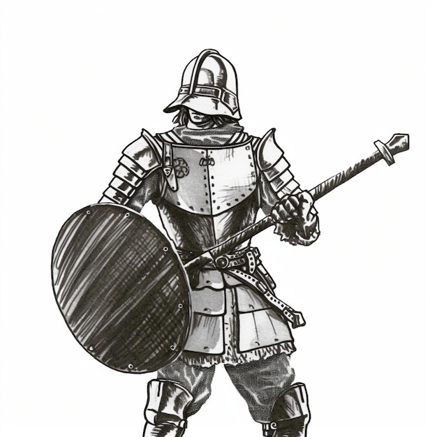 a drawing of a knight with a sword and shield.