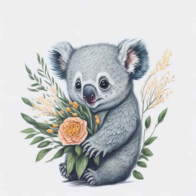 A drawing of a koala holding a bouquet of flowers.