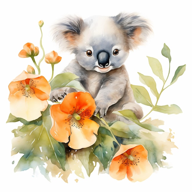 A drawing of a koala with flowers and a koala bear