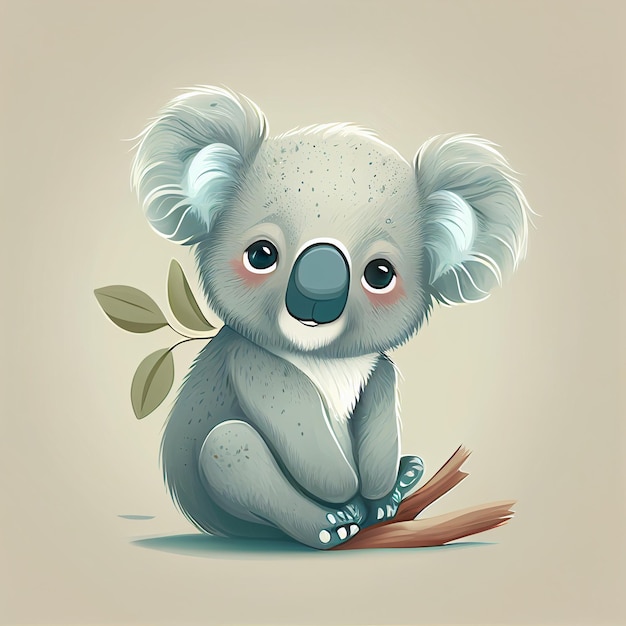 A drawing of a koala with a light blue face and a green leaf on its nose.