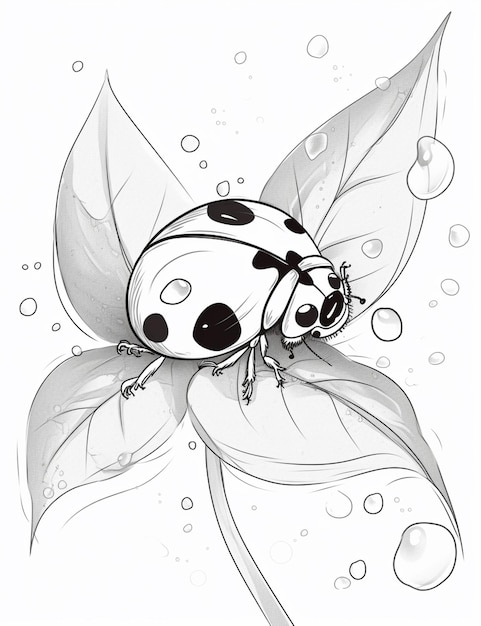 Photo drawing of a ladybug on a leaf with bubbles generative ai