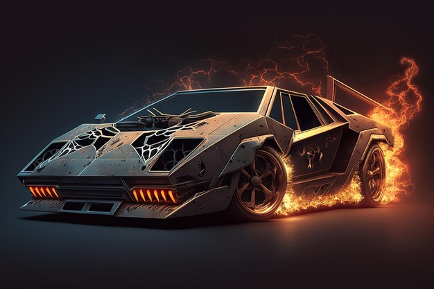 A drawing of a lamborghini with flames on the side.